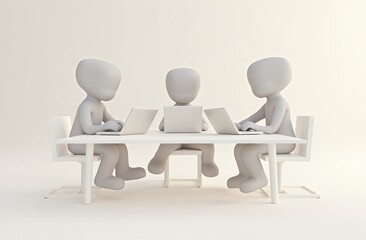 3d people in business meeting, Minimalist 3D cartoon office scene with three characters around a sleek white table and simple laptops