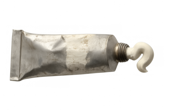 Squeezed metallic paint tube dispensing white paint on a transparent background, ideal for creative projects