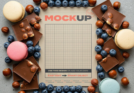 Vertical Page Poster Mockup with Chocolate and Blueberries