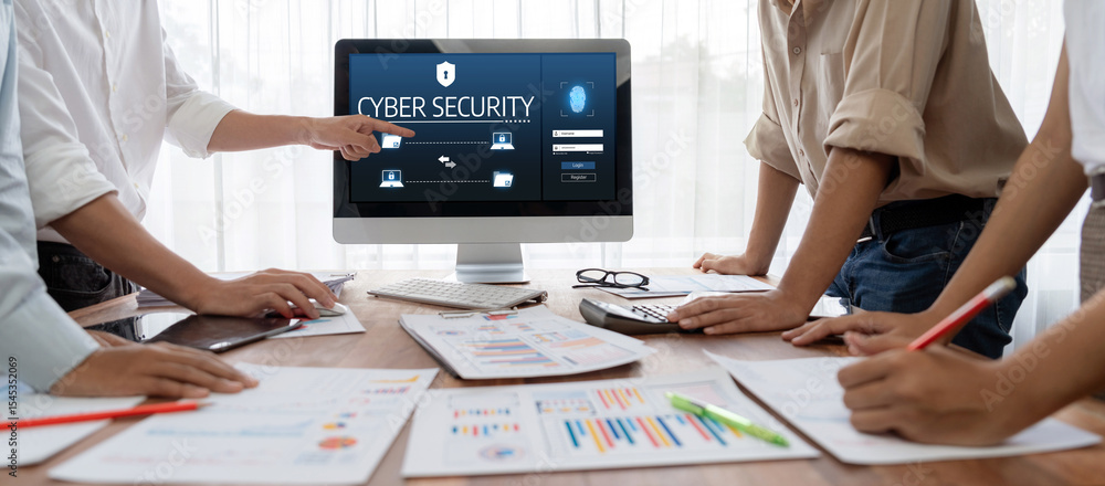 Poster Cyber security system on computer screen protect private information brisk from hacker and cyber attack