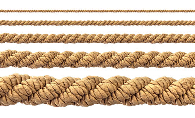 Different sizes of rope showing increasing thickness on white background
