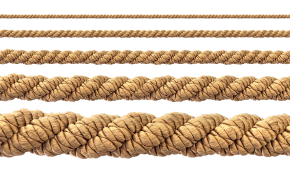 Different sizes of rope showing increasing thickness on white background