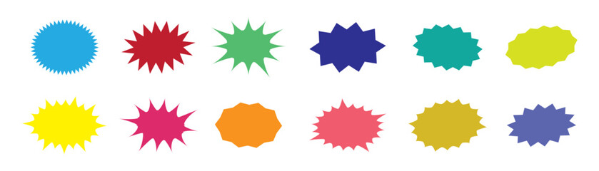 Colorful sunburst stickers, starburst badges set. Red labels, blue stickers, green color, purple and yellow price tags. Vector illustration isolated on white background.