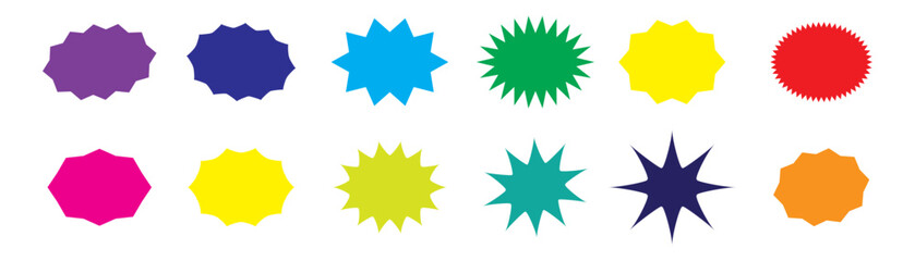 Colorful sunburst stickers, starburst badges set. Red labels, blue stickers, green color, purple and yellow price tags. Vector illustration isolated on white background.