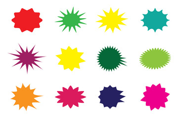 Colorful sunburst stickers, starburst badges set. Red labels, blue stickers, green color, purple and yellow price tags. Vector illustration isolated on white background.
