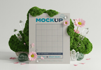 Vertical Page Poster Mockup with Grass Flowers and Cristals Scene