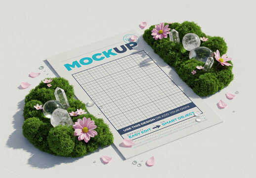 Vertical Page Poster Mockup with Grass Flowers and Cristals on the Floor