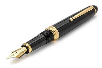 Elegant black and gold fountain pen isolated on a clean white background for writing and design