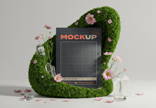 Vertical Page Poster Mockup with Grass Flowers and Cristals Stand