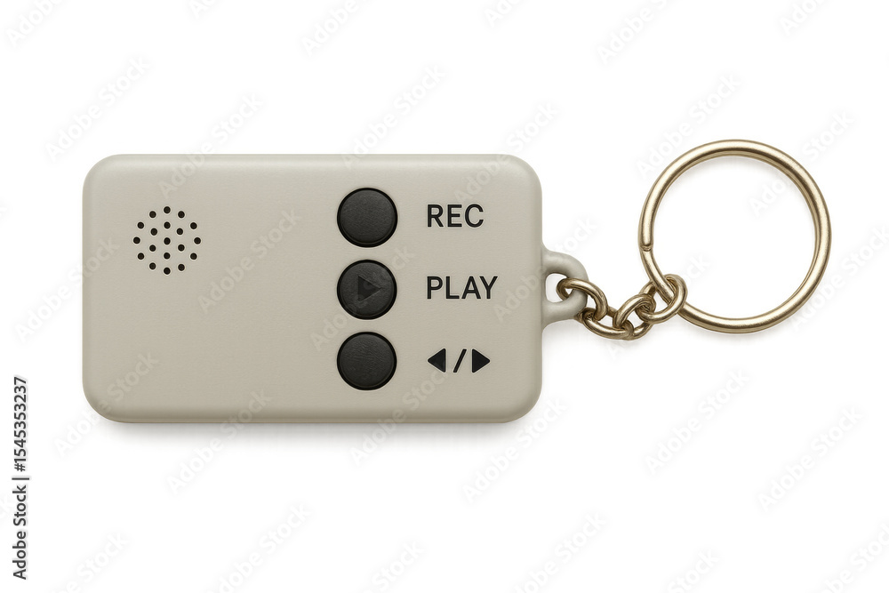Poster keychain digital voice recorder with play, record, and rewind buttons on transparent background
