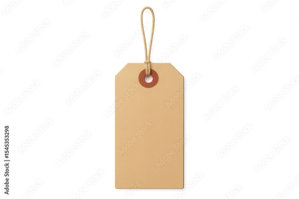 Poster beige blank label dangling from string, providing clean minimal backdrop for custom branding and des