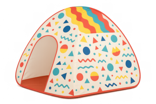 Colorful play tent with geometric patterns on transparent background