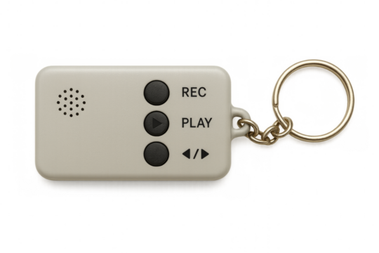 Keychain digital voice recorder with play, record, and rewind buttons on transparent background