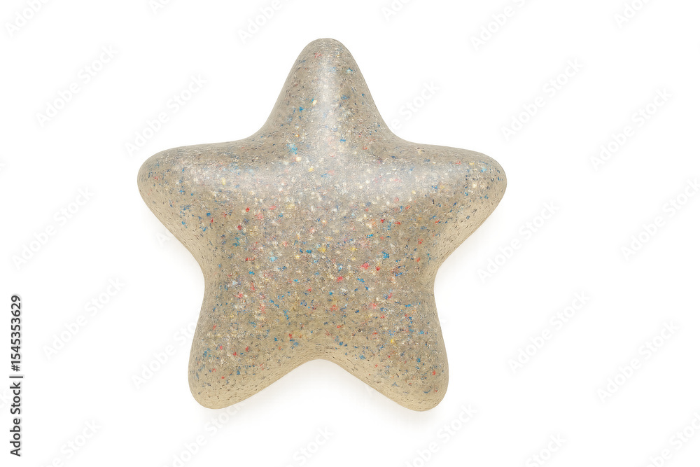 Poster inflated star decoration floating with colorful confetti inside on transparent background