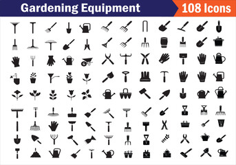 Gardening equipment black silhouette vector icon collection set on white background. 