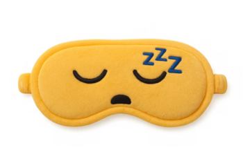 Yellow sleeping mask with closed eyes and zzz embroidered on transparent background