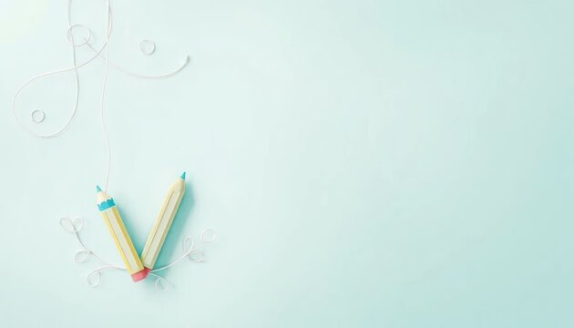 Pastel Pencils with Delicate Paper Designs on a Soft Blue Background