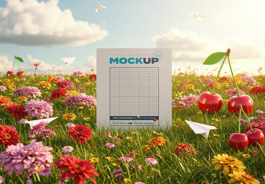 Vertical Poster Mockup on the Field with Cherries and Flowers
