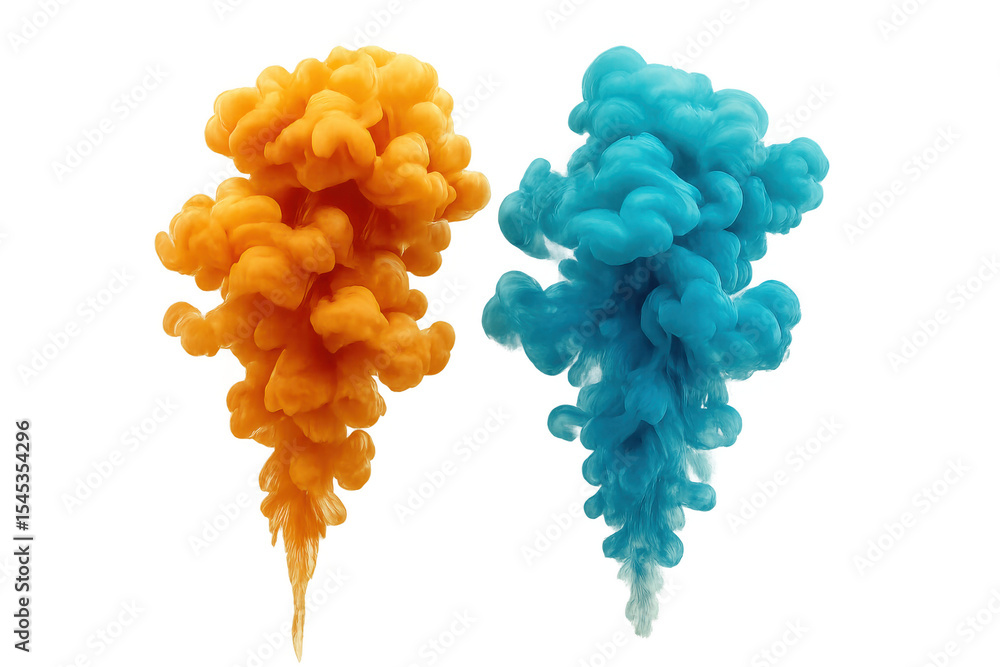 Poster colorful ink dispersing, blending dynamically in water, generating ethereal, fluid patterns with tra