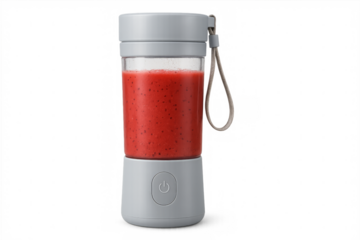 Portable blender filled with strawberry smoothie on transparent background