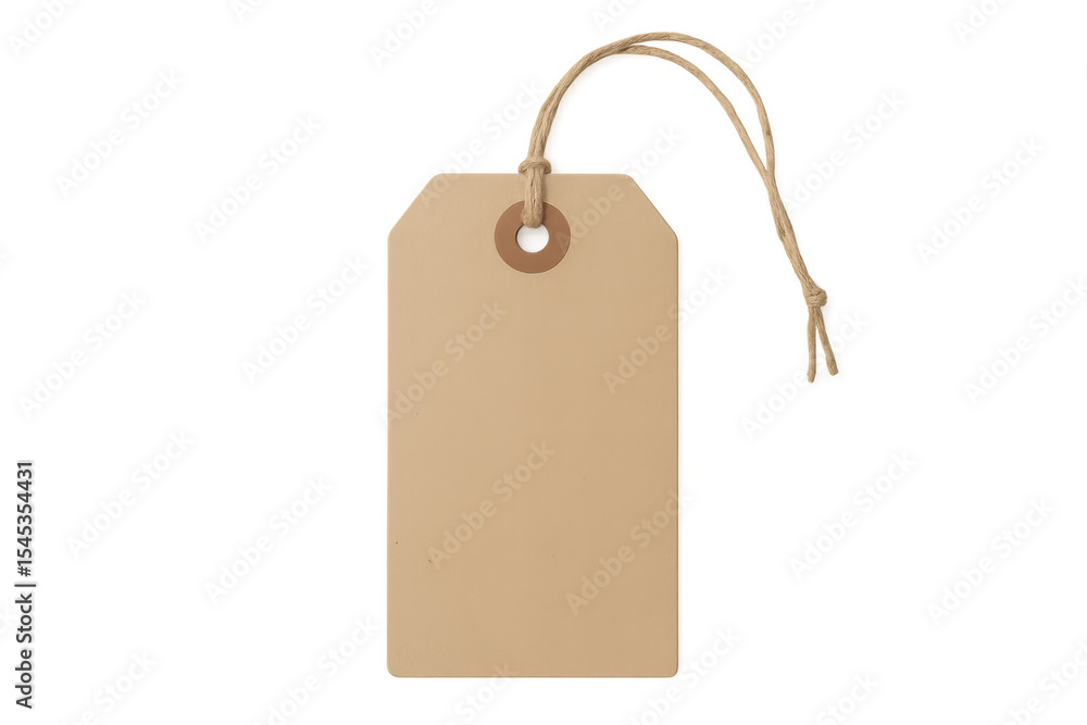 Poster empty rectangular beige cardboard tag with brown string on a transparent background, perfect for add