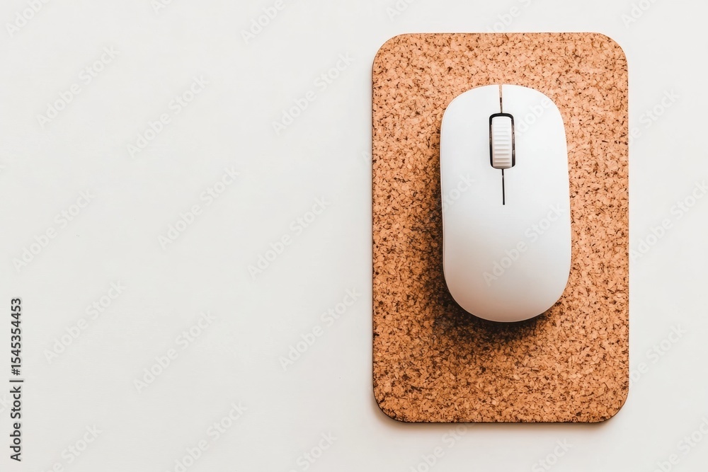 Poster a sleek white computer mouse sits centered on a rectangular cork mouse pad against a clean white bac
