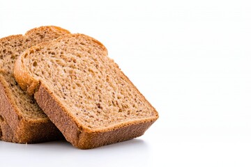 Two slices of whole wheat bread stacked on a white background, showcasing a healthy and fibrous texture.