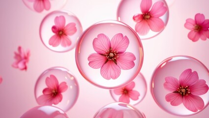 Fototapeta premium Pink Flowers Encased in Transparent Spheres Floating on Pink Background
