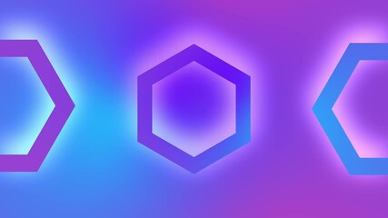 Animated neon light hexagonal shapes flowing on a gradient purple and blue background - Powered by Adobe