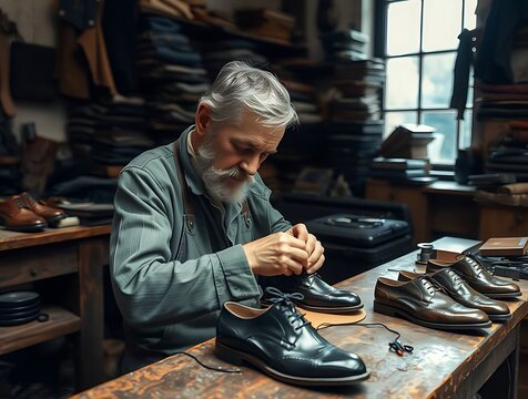 Senior shoemaker meticulously repairing a shoe - Powered by Adobe