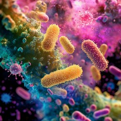 Fototapeta premium Microscopic World: A vibrant and detailed close-up of bacteria, showcasing a world of unseen microscopic wonders with an explosion of colors and shapes.
