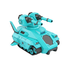 A detailed 3d rendering of a futuristic blue robotic tank with twin cannons on a transparent background.
