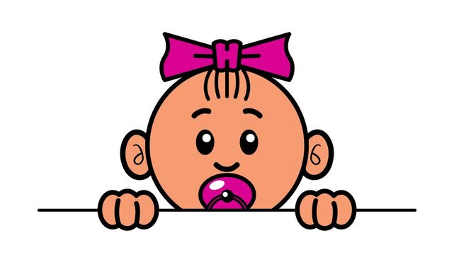 Cute baby girl peeking over edge with pacifier, vector cartoon motion graphic