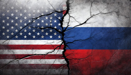 Cracked flags of usa and russia representing conflict