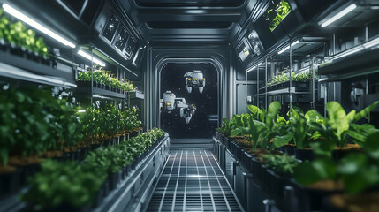 Futuristic space station greenhouse with automated drone fleet in orbit