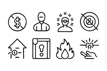 Fototapeta premium Minimalist Line Art Icon Set: Finance, Identity, Insight, Risk, Home, Knowledge, Energy & Health