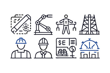 Fototapeta premium Engineering icons set construction workers industrial robots and power transmission