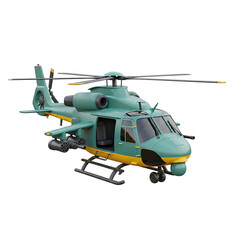 Detailed military helicopter model with realistic design and camouflage paint on transparent background.