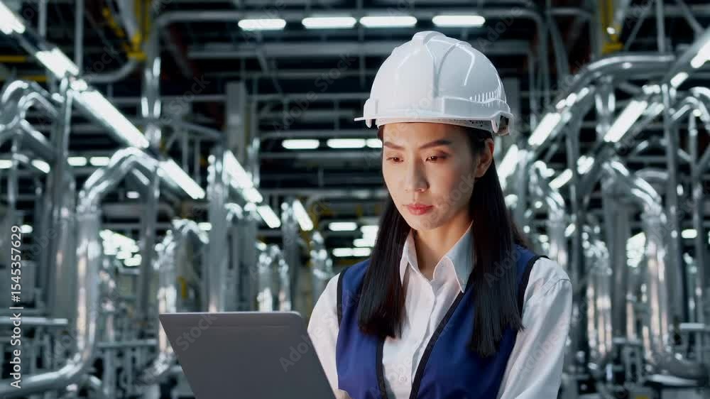 Poster engineer examines data in modern manufacturing facility while overseeing production operations in a 
