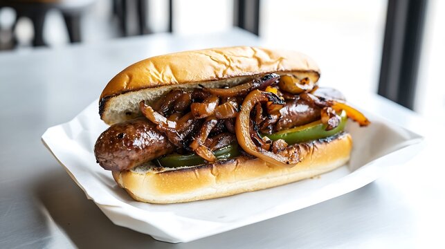 Italian sausage sandwich with peppers and onions on a toasted bun 