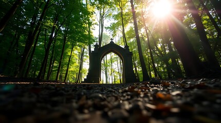 Sunlit archway in a forest