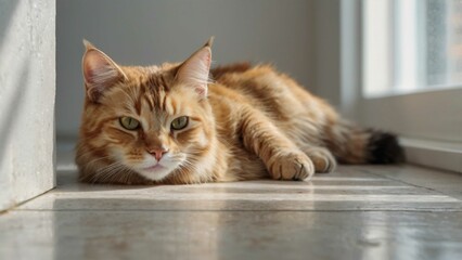 Ultra realistic close-up of a domestic cat sitting calmly indoors, facing the camera. Soft daylight, white background, sharp fur texture, peaceful and clean look.