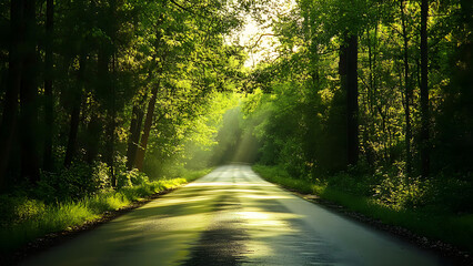 Obraz premium Ultra HD A car driving on a windy coastal green jungle road background image forest highway image tropical forest jungle road photo green forest road scene pine tree jungle road picture