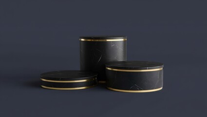 Black Marble Pedestals Gold Accents Dark Background