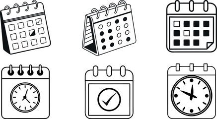 Minimalist calendar and schedule icon set of clock, planner, checkmark, reminder Vector Design