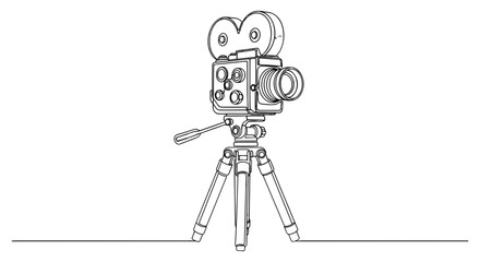 Vintage Movie Camera: A minimalist black and white line drawing of a classic movie camera, mounted on a tripod, evoking a sense of nostalgia.