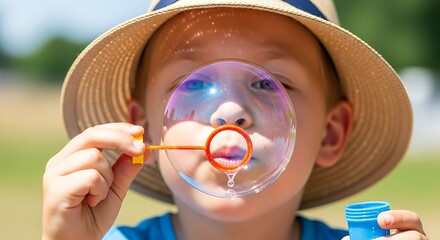 Whimsical Bubble Magic Outdoors: Playful Straw-Hat Enthusiast Creates Sparkling Blue Bubbles Amid Lush Greenery