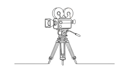 Movie Camera Silhouette: An artistic line drawing captures a vintage movie camera perched atop a tripod, evoking the timeless allure of cinema.