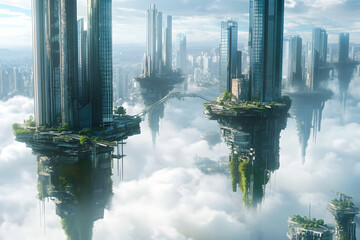 Futuristic floating cities above the clouds with skyscrapers and lush greenery
