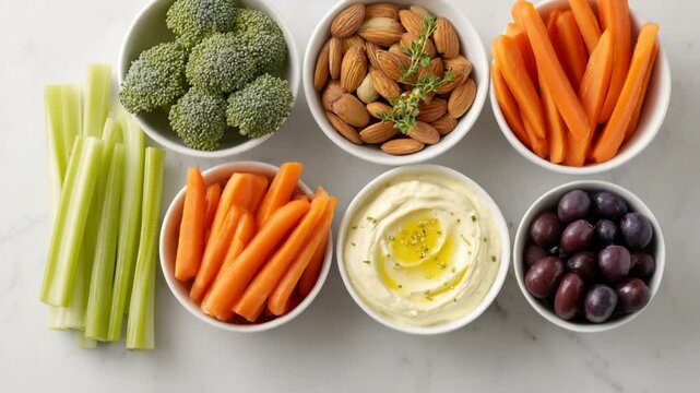 collection of vegan snacks presented on clean ultrabright background